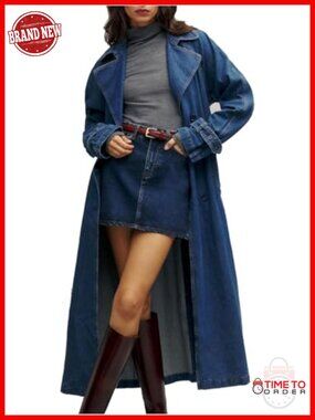Women's Denim Trench Coat Double Breasted Midi Jacket with Belt Cotton Blend